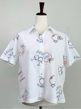 Jane + Delancey White Cotton Fruit Wine Embroidered Cropped Collared Shirt NWT